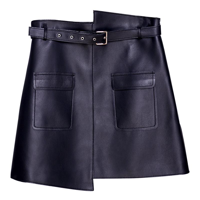 Spring Women's High Waist Genuine Sheepskin Leather A-line Shorts