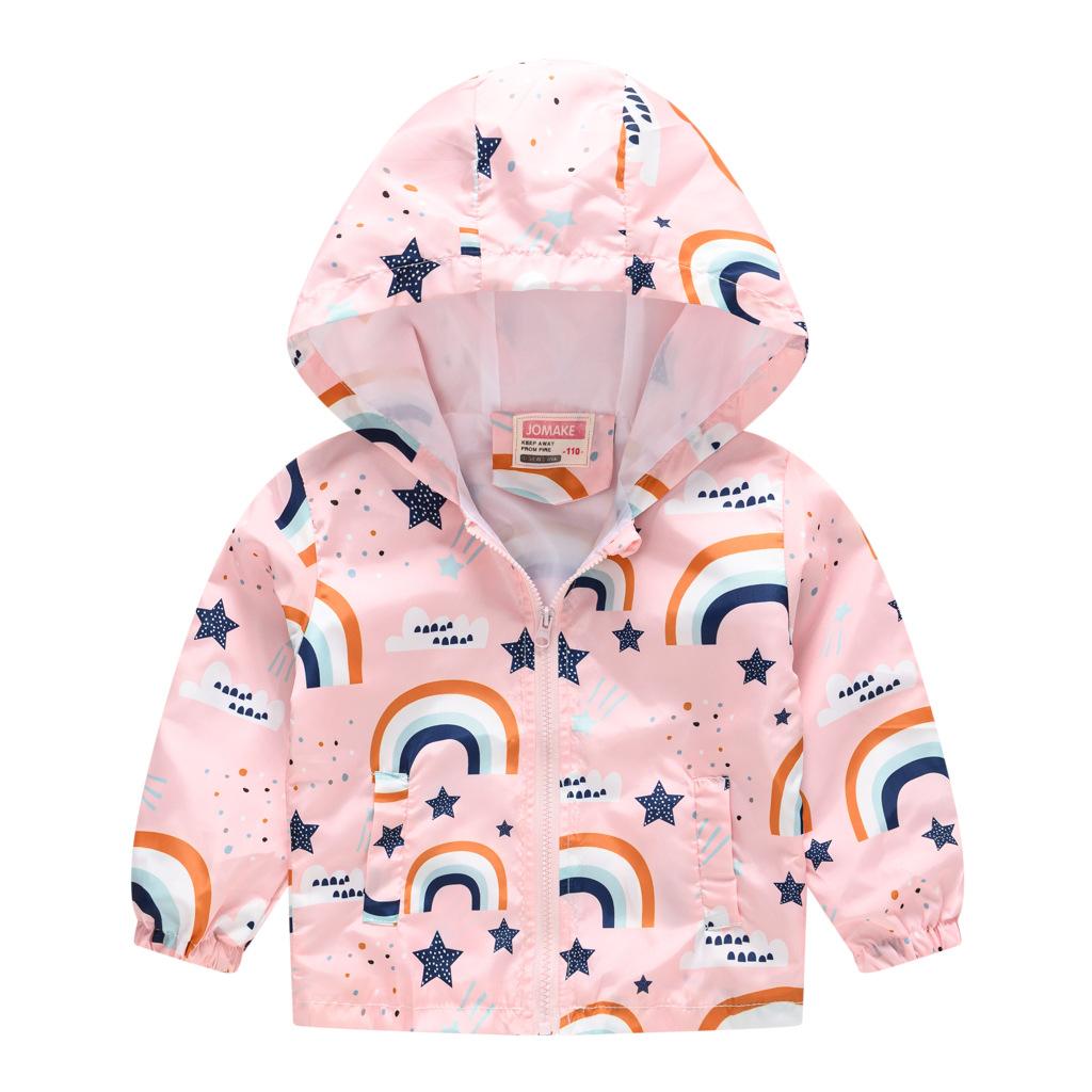 Toddler Kids Cartoon Print Hooded Jacket Boys Girls Lightweight Windproof Zip Up Casual Outerwear Coat