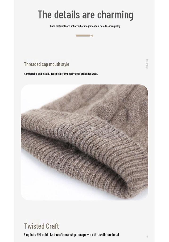 Women's 100% Pure Cashmere Cable Knit Hat - Thick, Warm, and Fashionable for Autumn and Winter