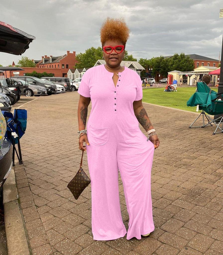 Plus Size Women's Fashion Casual Button Jumpsuit - European and American Style