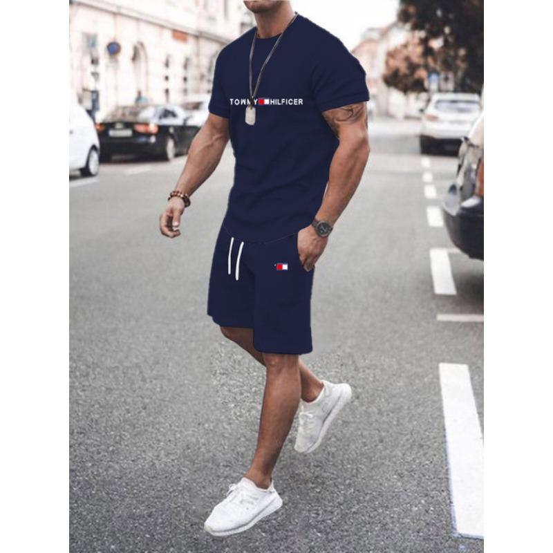 Set Sport Bărbați Două Piese Imprimat 3D Gât Rotund Tricou Model Colorat Imprimare cu Litere Casual Fitness Topuri cu Mânecă Scurtă Pantaloni Scurți