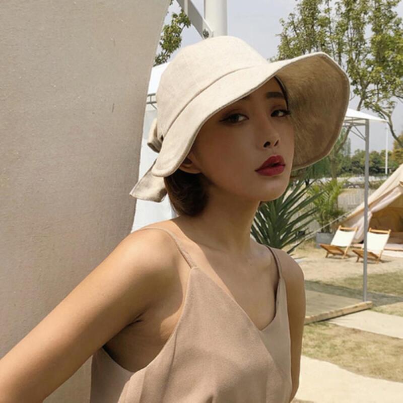 Женская двухцветная льняная шляпа-ведро для отпуска C5226_Black