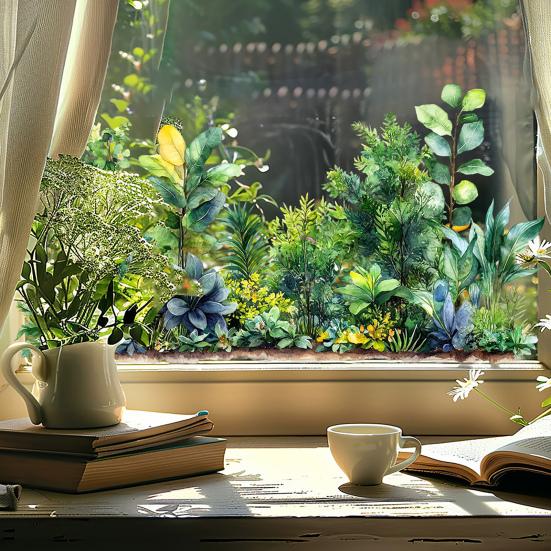 Potted Floral Plants Glass Sticker Removable Waterproof PVC Colorful Flower Static Glass Sticker Home Living Room Bedroom Decoration Decal