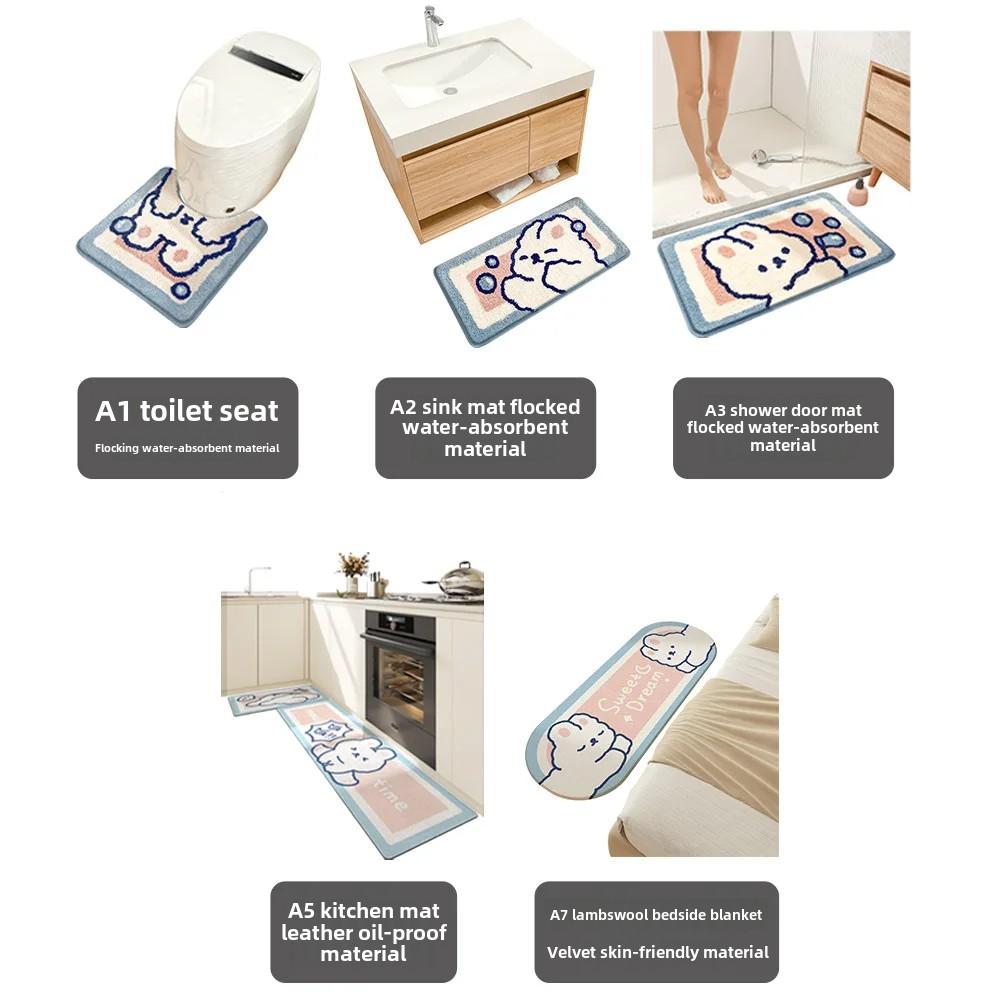 Cartoon Rabbit Flocking Bath Mat Toilet Mat Non-slip Absorbent Shower Door Mat Kitchen Oil-proof Leather Mat Bedroom Bedside Rug