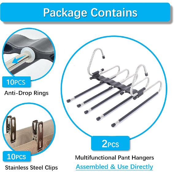 Magic Pants Hangers Space Saving - 2 Pack for Closet Multiple Layers Multifunctional Uses Rack Organizer for Trousers Scarves Slack (2 Pack with 10