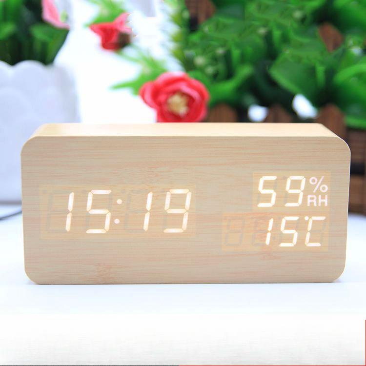 Rectangular Home Bedroom Electronic Temperature and Humidity Alarm Clock USB Voice Control LED Brightness Adjustment Digital Wood Clock