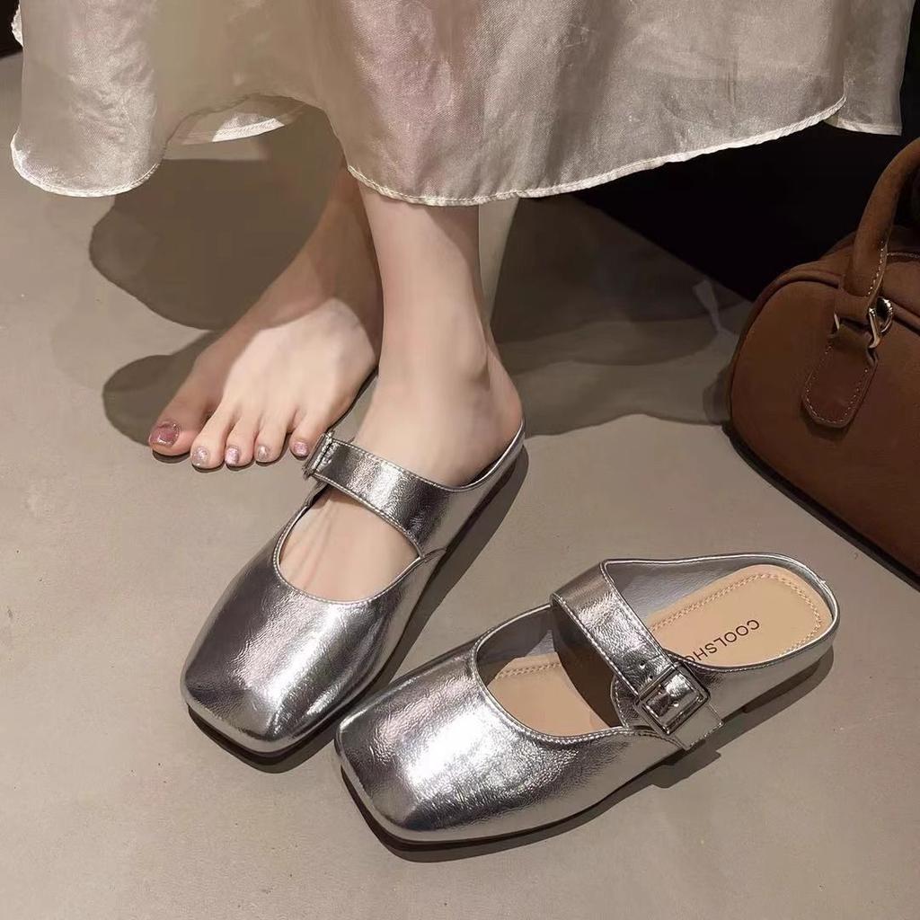 Temperament Square Head Mary Jane Shoes Women's Autumn 2025 New Light Mouth Bag Head Half Slippers Low Heel French Flat Bottom Half Tray