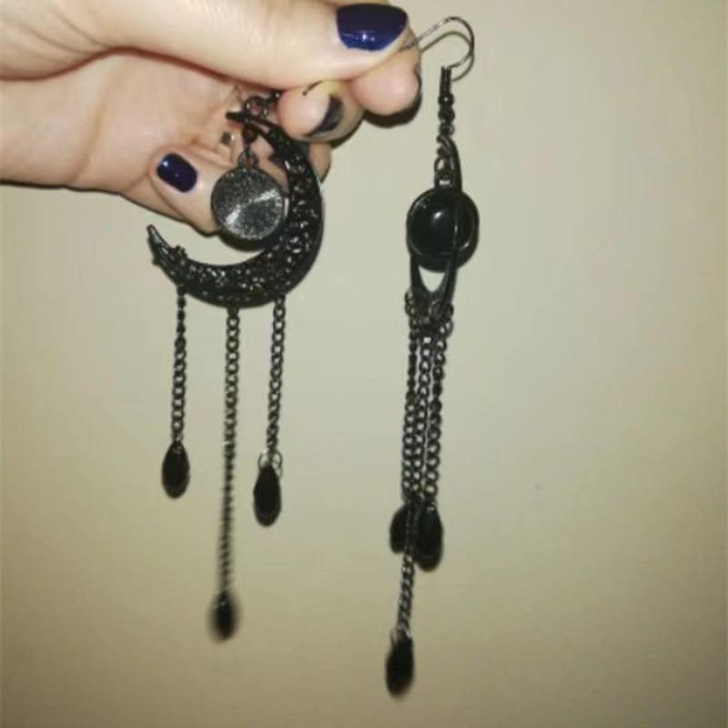 Gothic Black Moon Earrings Stars Hollow Moon Demon Fringe Paganism Witchcraft Earhook For Women Black Stone Mystery