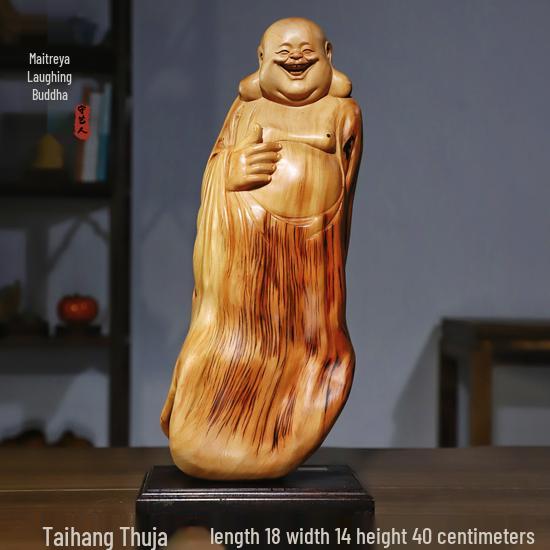 Intaglio Radice di Legno di Cipresso di Scogliera: Ornamento Daruma Maitreya Buddha in Legno Massello in Zafferano Dorato e Legno di Rosa Nanmu.