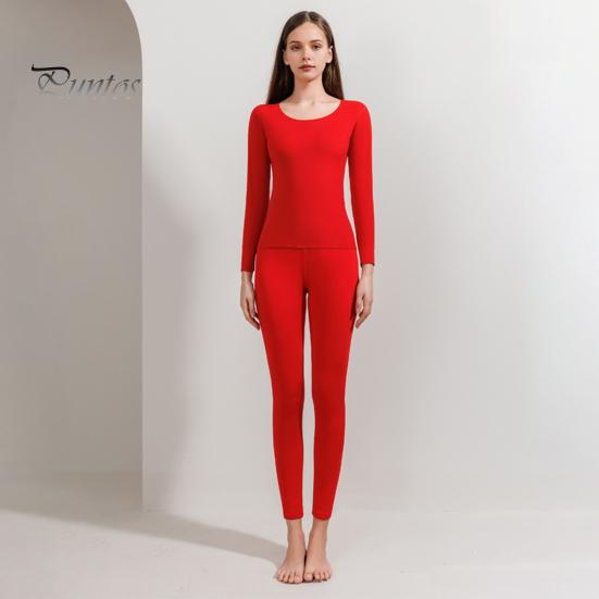 2 Pcs/Set Winter Women Thermal Underwear Set Round Neck Seamless Long Sleeve Warm Thick Double-sided Plush Slim Fit Elastic Lady Cold Weather Pajamas