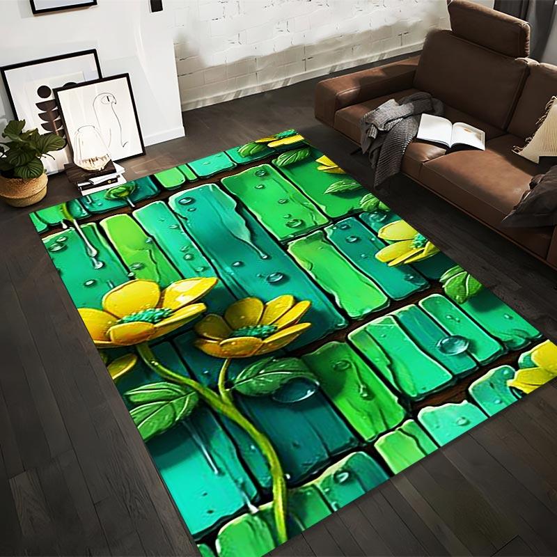 

Vivid Green Brick Pattern Carpet with Yellow Flowers and Water Drops Suitable for use as an anti-slip for living room bedroom sofas 40x60cm( 15x23in )