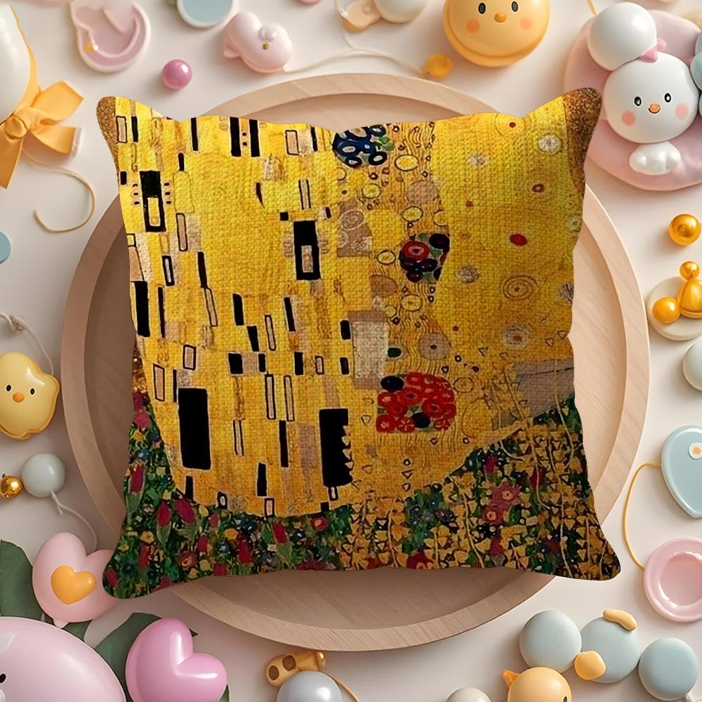 Gustav Klimt Oil Painting Cushion Cover Natural Linen Organic Fabric Double-Sided Printing Sofa Home Decor Gift Pillow Case
