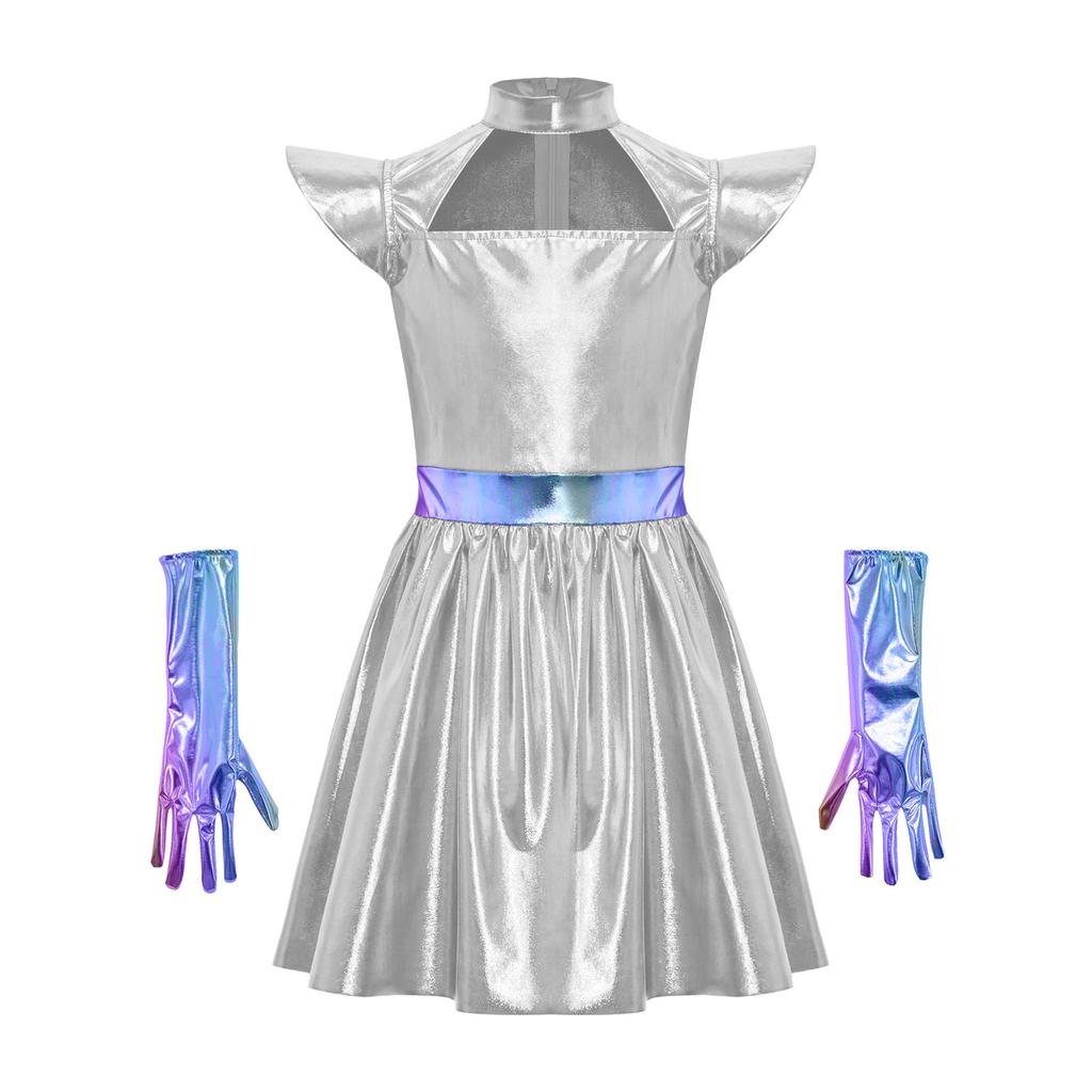Girls Alien Cosplay Dress Metallic Hollow Out Flying Sleeve Back Zipper Ruffled Dress Gloves Robot Outfit