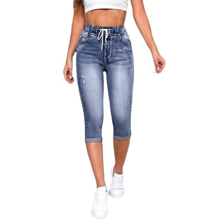 High Waist Women Denim Jeans Shorts Stretch Drawstring Knee Length Ripped Hole Jean Pants