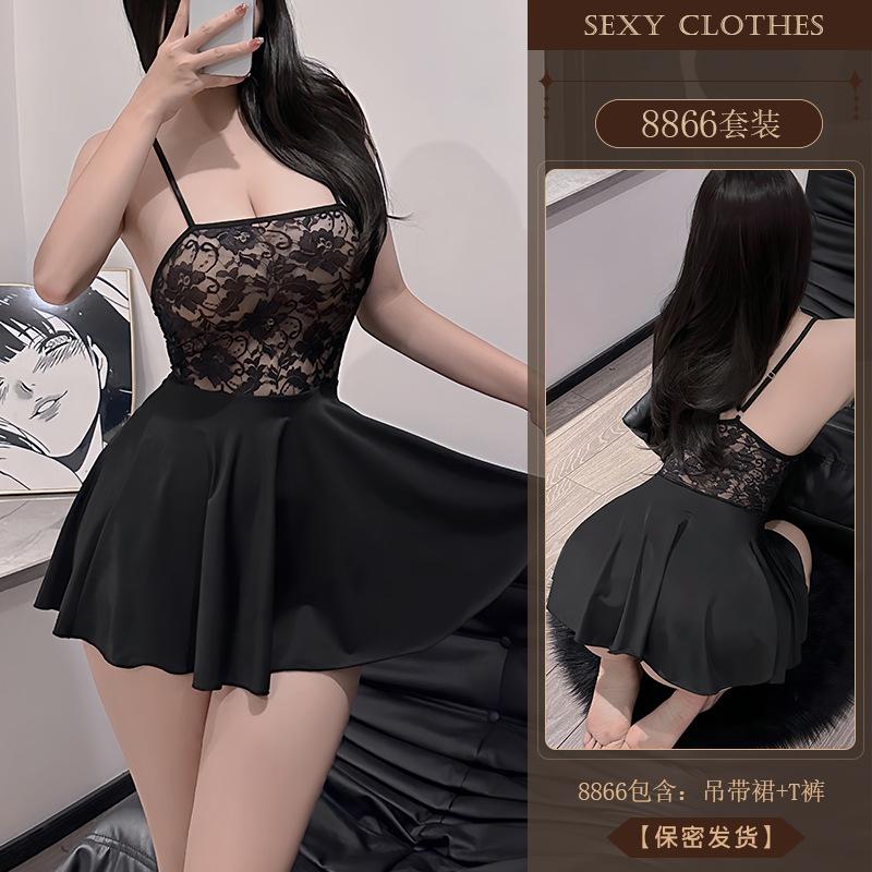 Yiyue's New Erotic Lingerie, Sexy Lace Seductive Nightgown, Hot Nightclub See-through Pajamas, No-take Uniform 8866