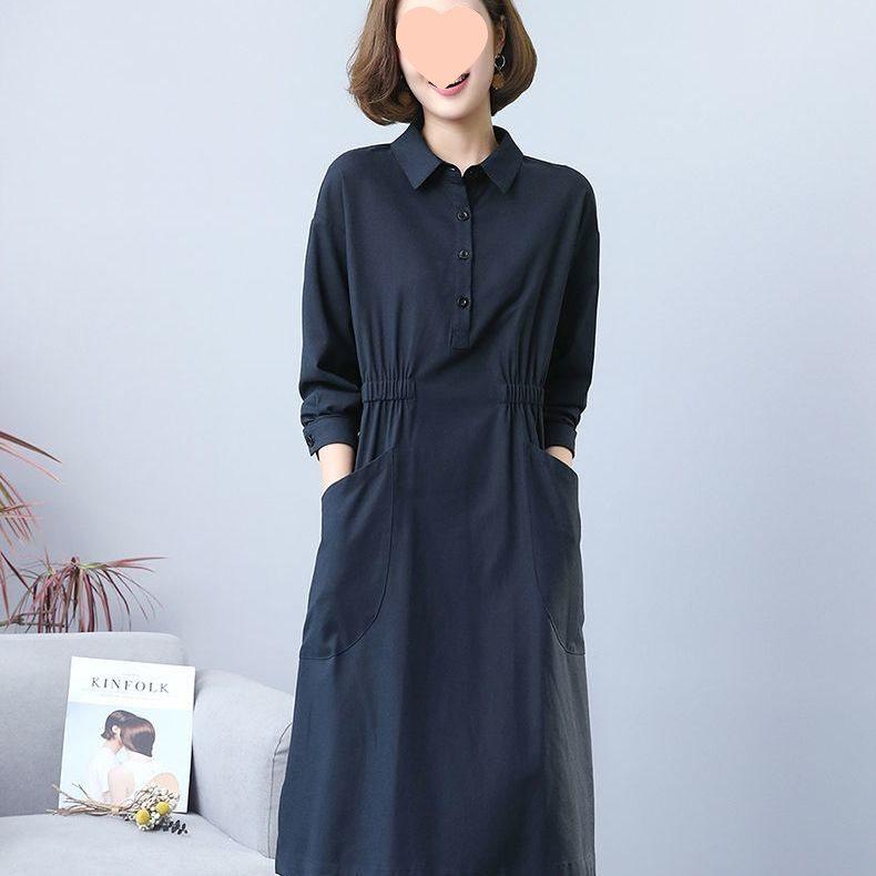 

Elegant Cotton-Linen Waist-Cinching Shirt Dress – Plus Size, Long-Sleeved, Loose, Slimming, Perfect for Spring and Autumn XL