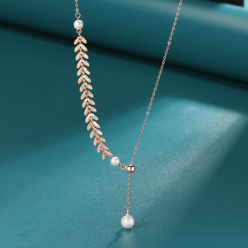 S925 Sterling Silver Wheat Ear Pearl Necklace - Elegant & Versatile Tassel Clavicle Chain for Women. 925 Silver розового золота