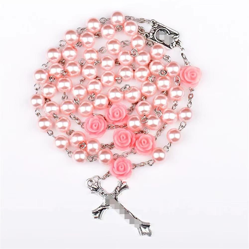

Round Women Roses Bead Necklace Cross Pendant Alloy Material Valentine Gift Day рожевий