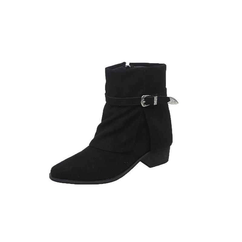 

Women Boots Retro Pleated Round Toe Chunky Heel Boot 2026 New Autumn Winter Short Boots Khaki Velvet Surface Fashion Ankle Boots 36 чёрный