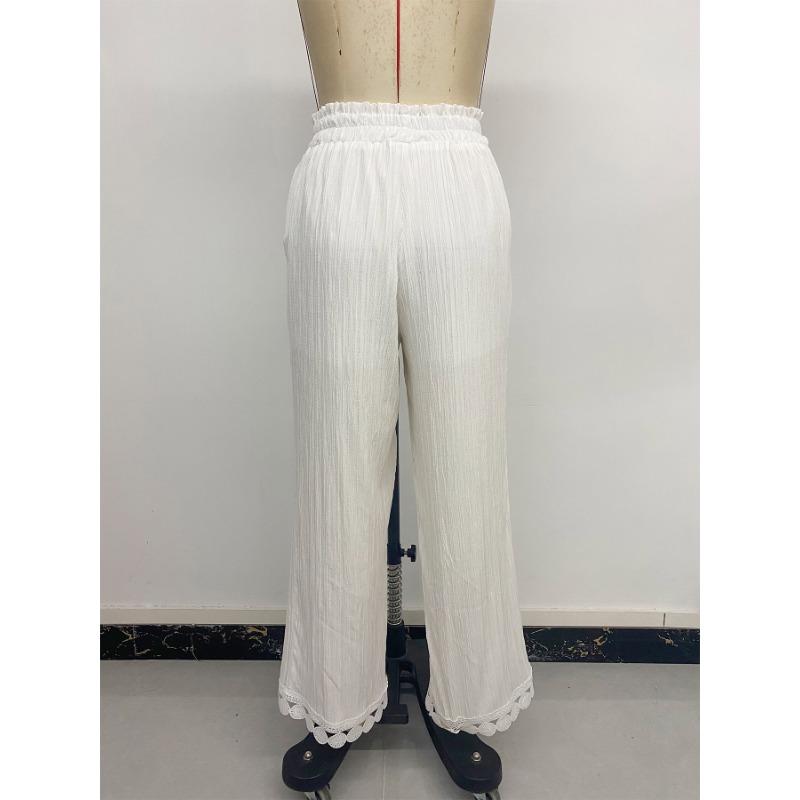 Women High Waist Drawstring Lace Trim Loose Casual Wide Leg Pants