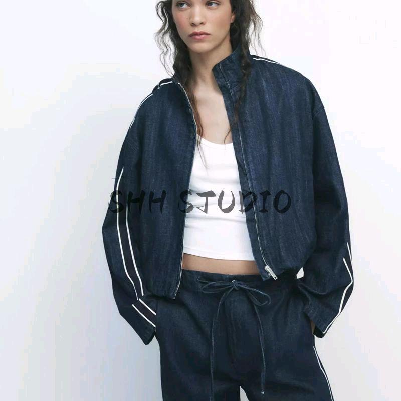 Spring Women Clothes Side Band Decoration Jeans 6929011 Patchwork Stripe Band Denim Coat 6929075