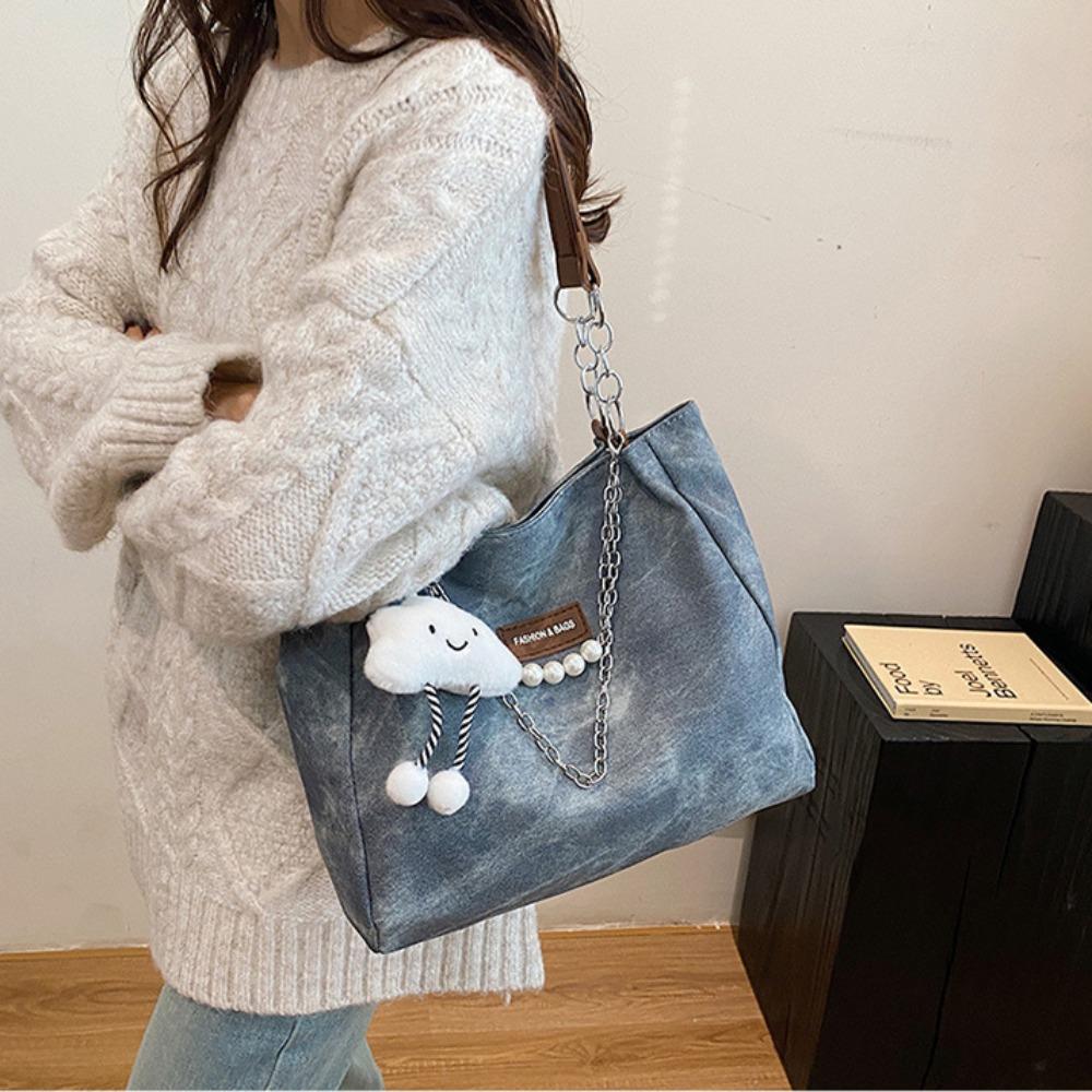 

Chains Tote Bag with Pendant Large Capacity Shoulder Bag Leisure PU Leather Handbag Unisex хакі