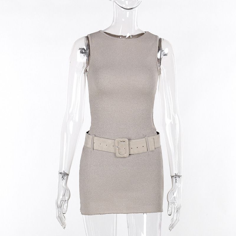 

Amazon Popular European and American Foreign Trade Women clothes round Neck No Belt Sexy Gyaru Nightclub Knitted Slightly Transparent Dress Cool Khaki S