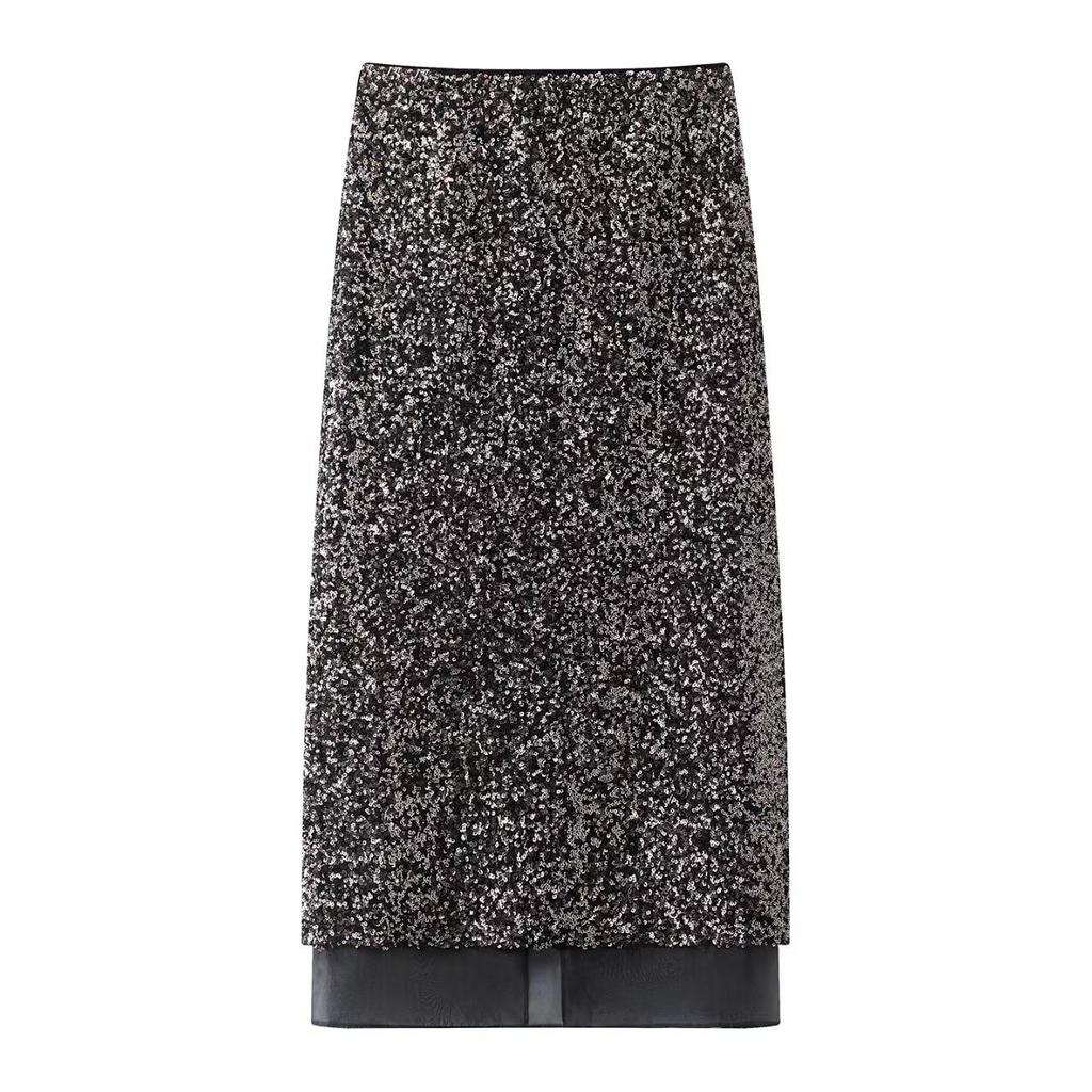 Winter 2025 Luxury Sequin Patchwork Slit Midi Skirt AR354120