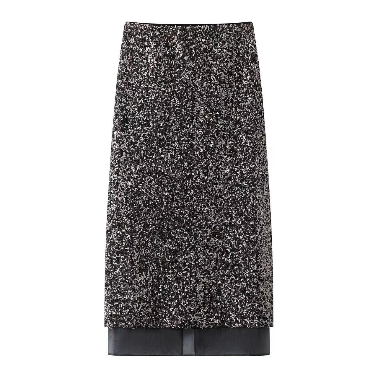 Winter 2025 Luxury Sequin Patchwork Slit Midi Skirt AR354120 Medium темно-серого