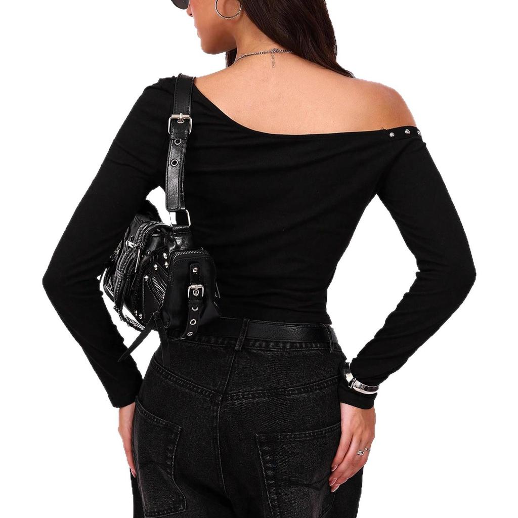 2026 Trendy One-Shoulder Ribbon Stud Slim Fit Top