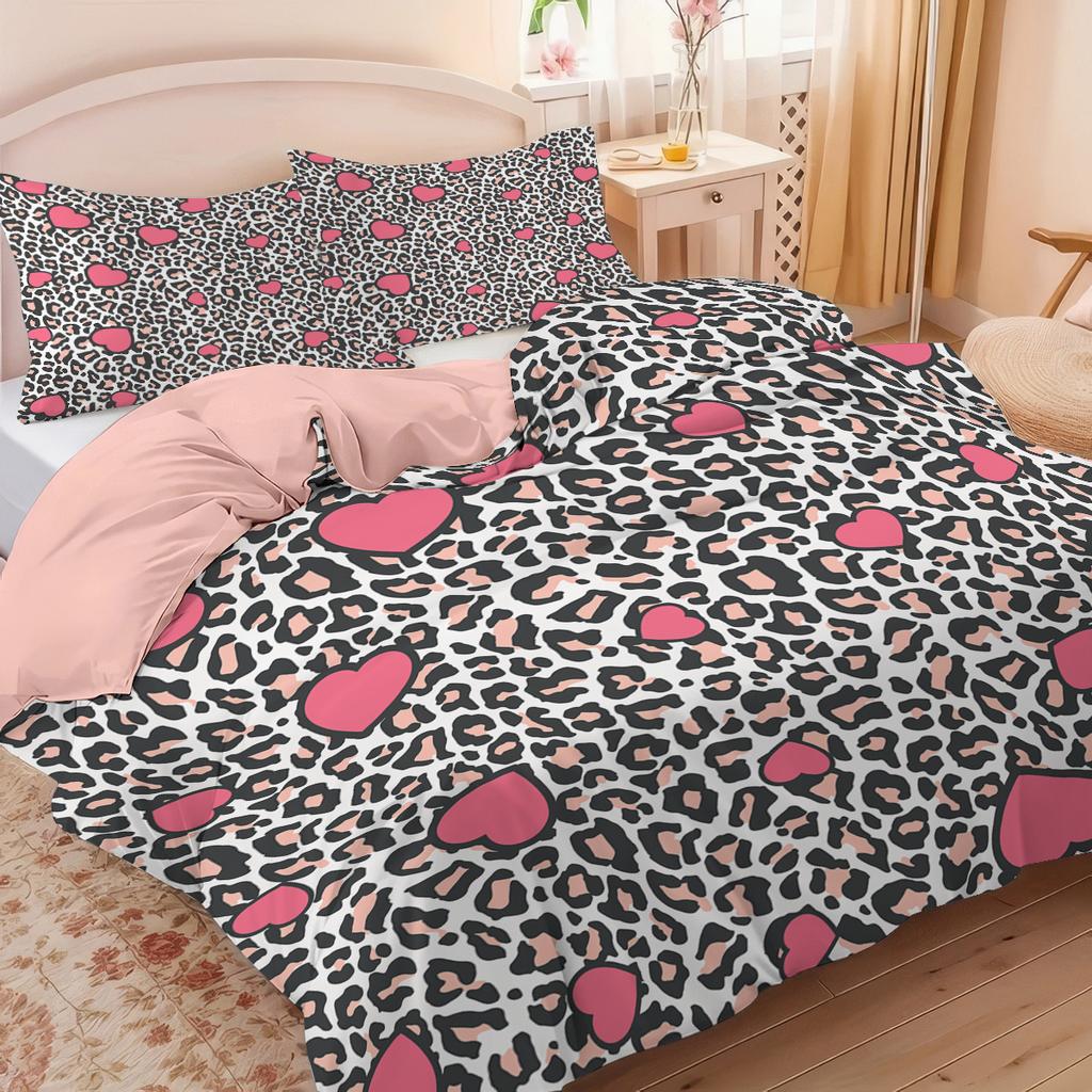 3pc Bedding Set Pink Leopard Print Love Print (1 Set +2 Pillowcases, No Core) Bedding Is Suitable for Warm Bedrooms and Rooms