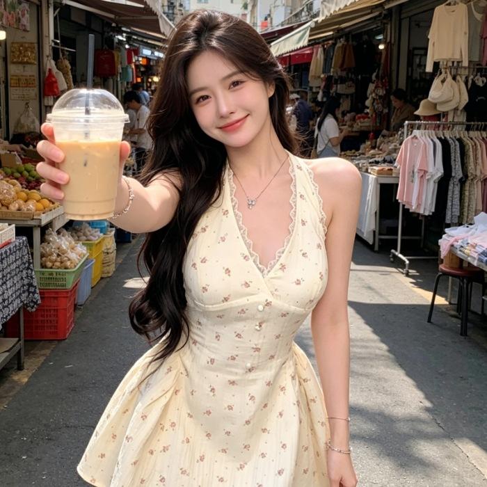 Floral neck dress women s spring and summer sweet babes sexy waist thin a word trendy new French pure desire S