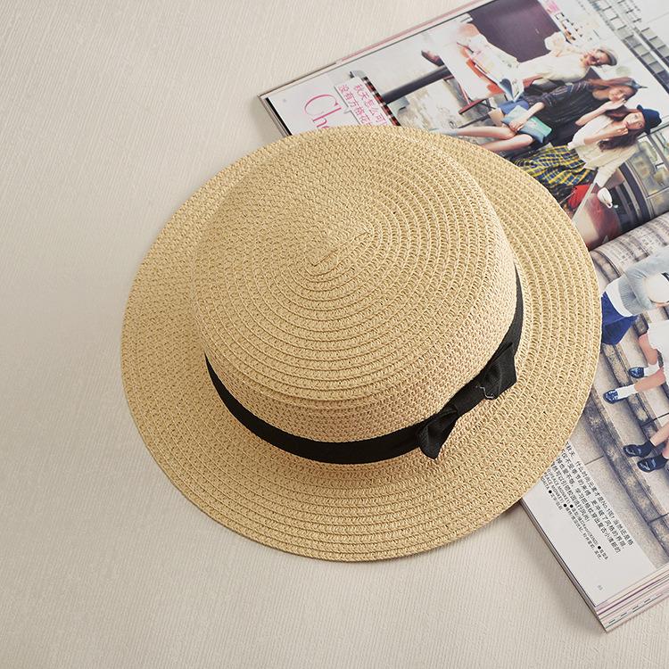 Flat-top French-style straw hat for women, new summer large brim sun hat, beach vacation hat, UV protection bucket hat