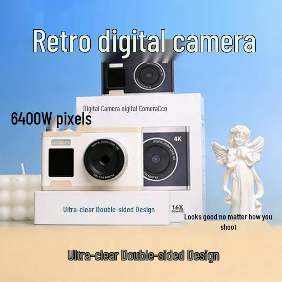 Retro HD Digital Camera with Dual Screens, 64MP CCD Sensor, 16x Optical Zoom, and Beauty Mode.