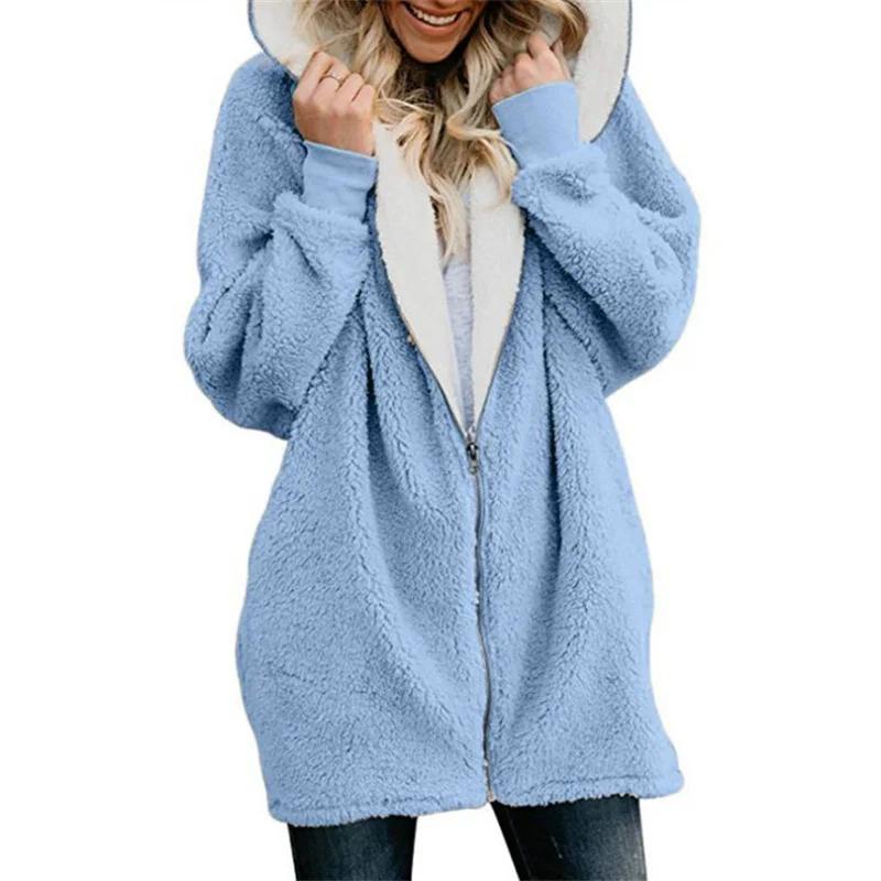 Winter Verdicktes Felliges Kapuzen-Sweatshirt Damen Locker Bequem Lässig Oberbekleidung Weiblich Einfarbig Warm Reißverschluss Strickjacke Kapuzenpullover