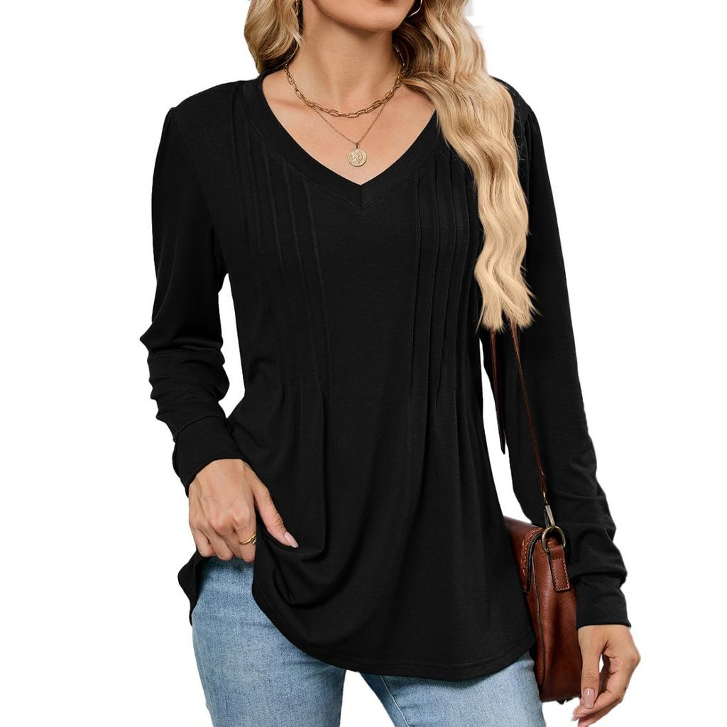 Fall Winter New Solid Color V-neck Striped Loose Long Sleeve T-shirt Top For Women, Amazon Cross-border European American Women's Clothing