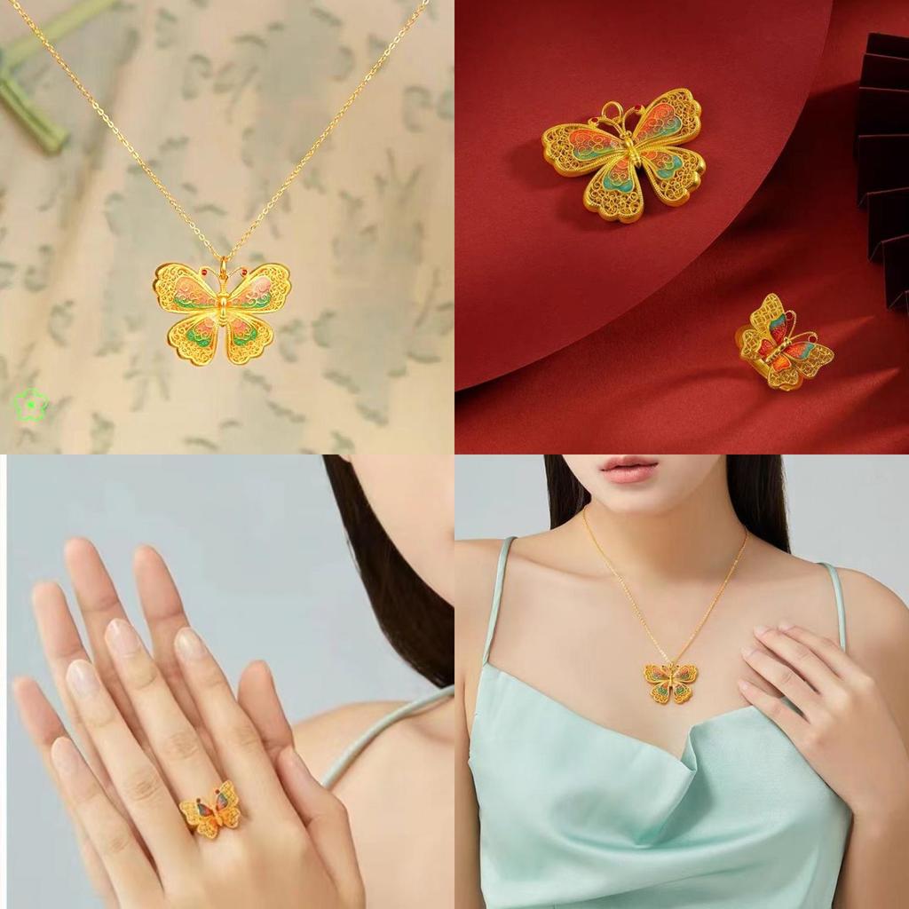 Fashionable Gold Plated Butterfly Pendant And Adjustable Ring Set For Women