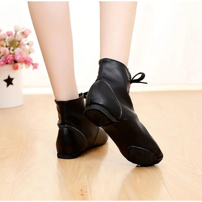 Zapatos de Baile para Niños de Moda Cuero PU Caña Alta Zapatos de Jazz para Hombre Mujer Suela Partida Zapatilla Suave Gimnasio Danza Zapato Negro