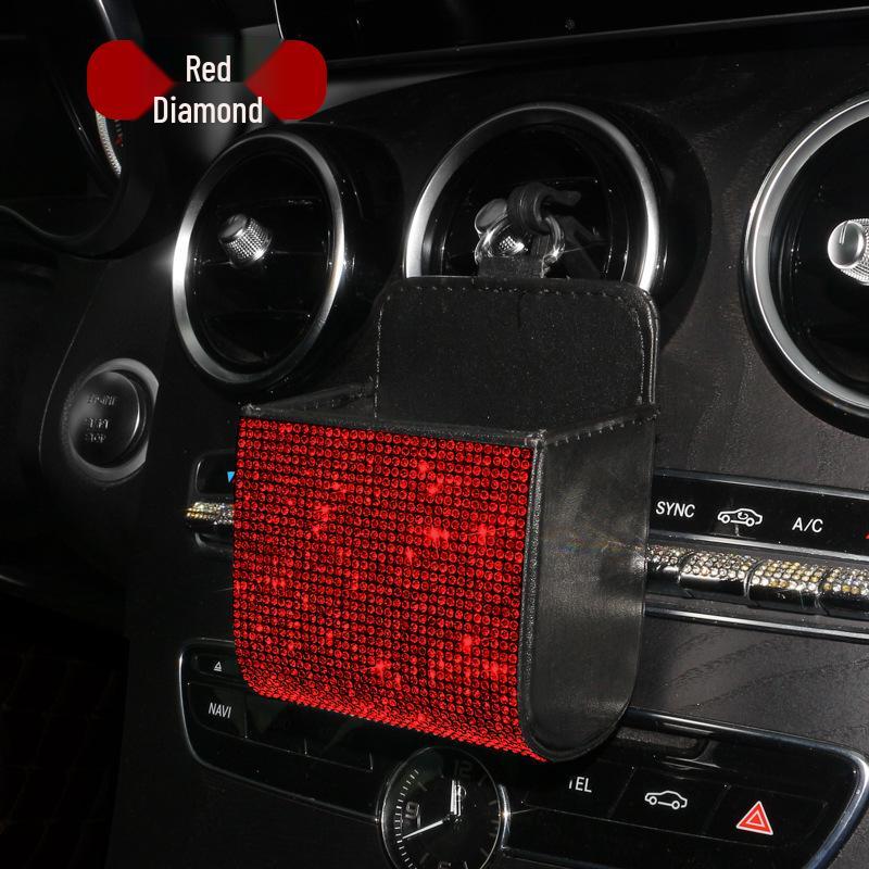Rhinestone Leather Car Air Vent Organizer Bag - Multifunctional Lambskin Storage Box