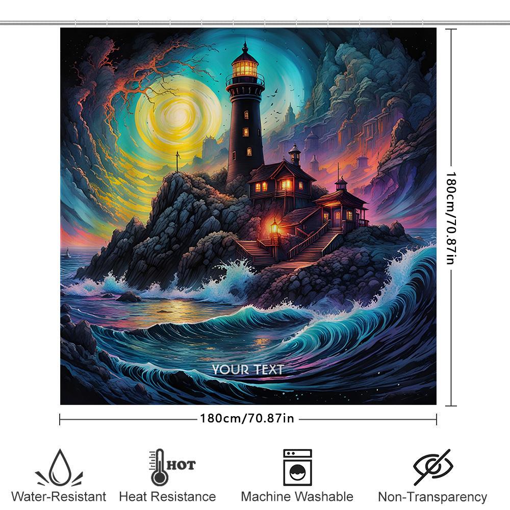 Fantasy Lighthouse Shower Curtain Artistic Ocean Waves Print Bathroom Decor Customizable Text Printing