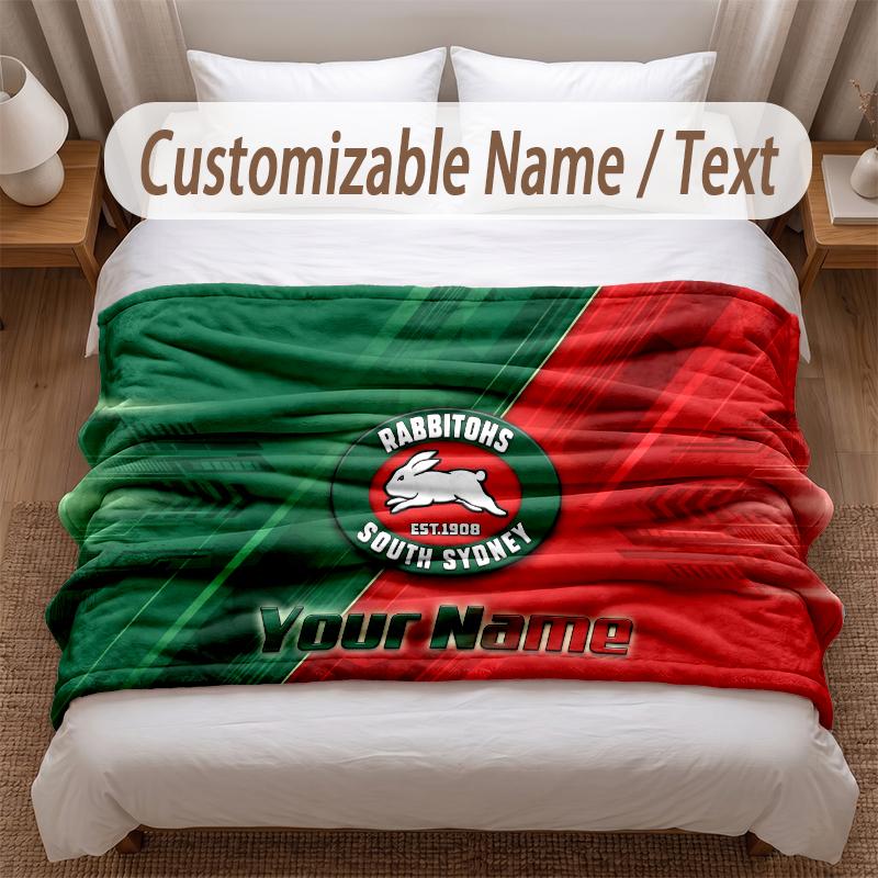 South Sydney Rabbitohs Printed Flannel Blanket Custom Name Text Soft Warm Throw For Bedroom Holiday Gift