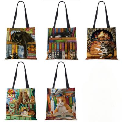 Customize Oil Painting Cat Print Womens Designer Tote Bags Linen Reusable Shopping Bag For Groceries Shoulder Bags for Lady 2020