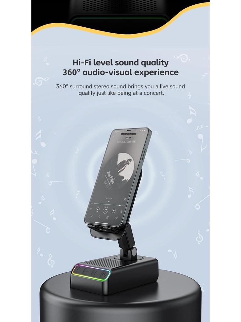 360° Rotating Phone & Tablet Stand with Bluetooth Speaker, RGB Lights, and Hi-Fi Desktop Amplifier