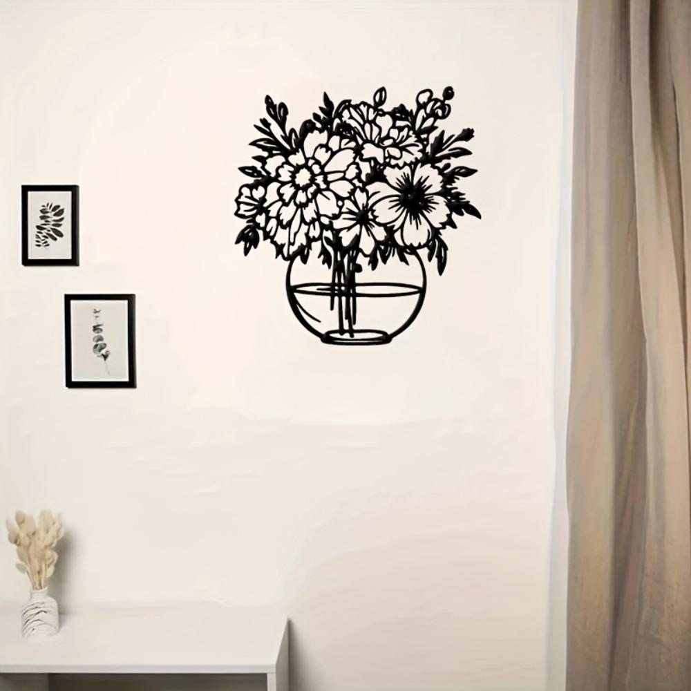Metal Wall Art Vase with Flowers, Minimalist Floral Iron Sculpture, Modern Home Decor Outdoor Wall Mounted, Original Design for Wedding