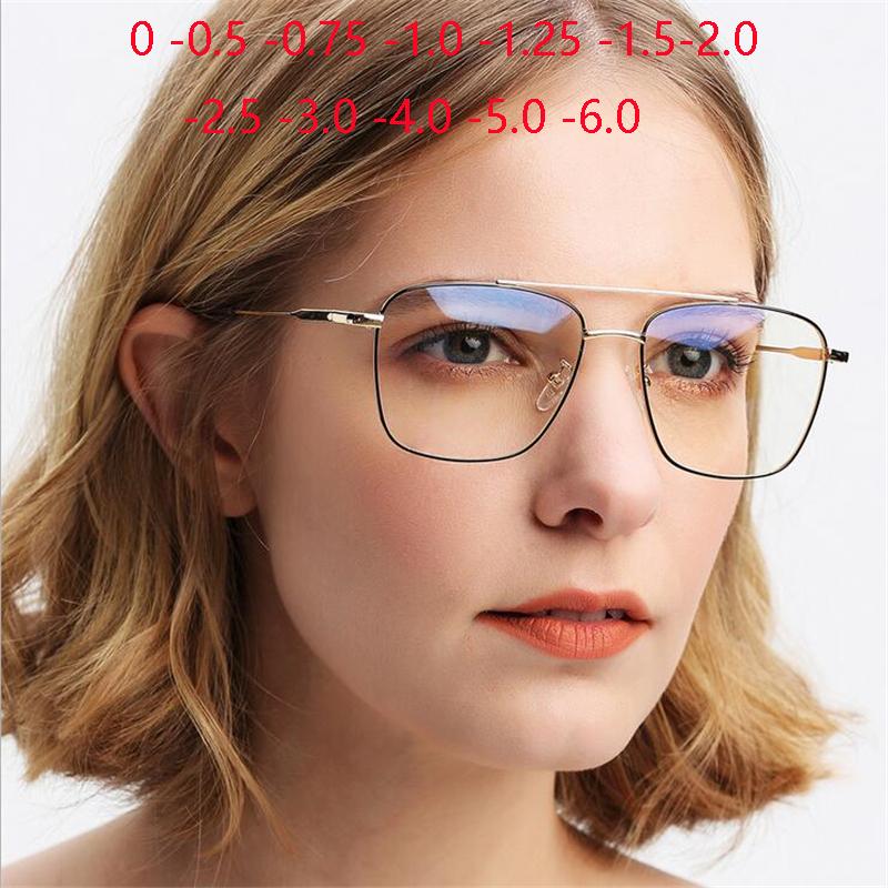 Double Beam Anti Blue Light Square Prescription Glasses For The Nearsighted Vintage Metal Myopia Spectacles -0.5 -0.75 To -6.0