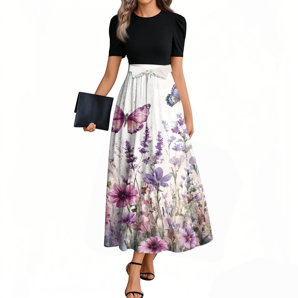 Women's Floral Print High Waist Fashionable And Elegant Dress