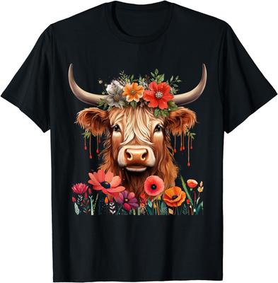 Cute Animal Cow Baby Highland Cow with Flowers Calf Women T-Shirt