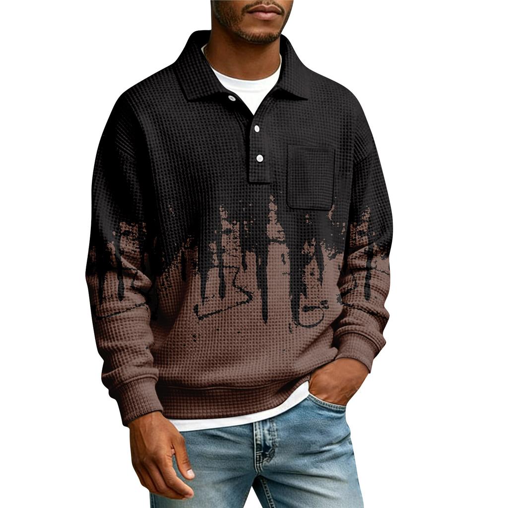 Men's Lapel Printed Single Breasted Pocket Long Sleeve Casual Sports T-Shirt