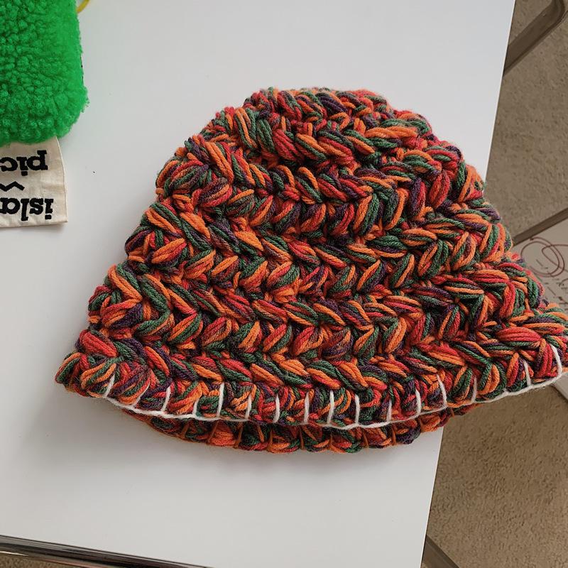 

Женская шляпа рыбака на осень и зиму, ручной работы, вязаная крючком, из шерсти, в японском литературном стиле, контрастного цвета, уличная шляпа-ведро M（56-58cm）