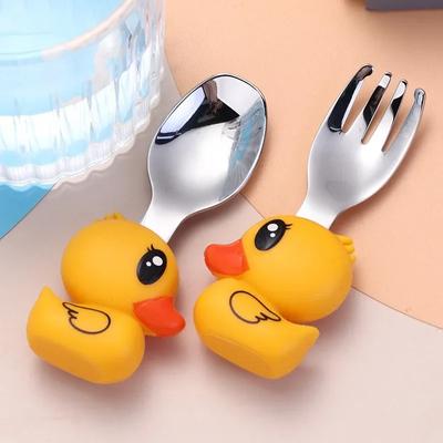 304 Stainless Steel Baby Complementary Feeding Tableware, Small Yellow Duck Portable Spoon and Fork Set, Cartoon Children's Tabl